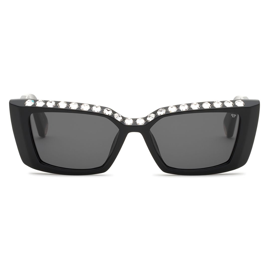 Philipp Plein SPP215S 700S Pure Crystal Sunglasses Black Rectangle Frame Grey Lens