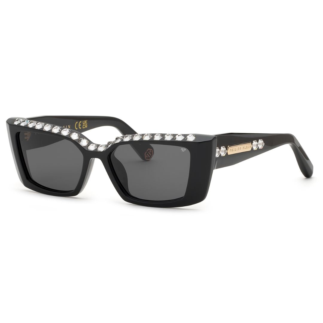 Philipp Plein SPP215S 700S Pure Crystal Sunglasses Black Rectangle Frame Grey Lens
