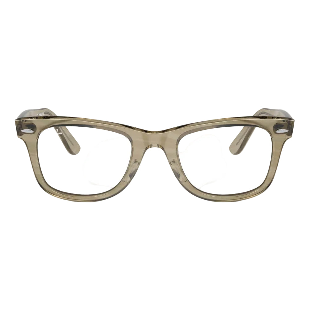 Pair of eyeglasses with a beige frame on a white background