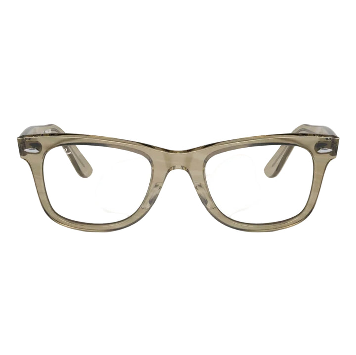 Pair of eyeglasses with a beige frame on a white background