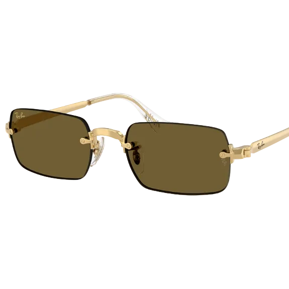 Ray-Ban rimless sunglasses with gold metal frames and dark brown lenses, shown on a plain white background.