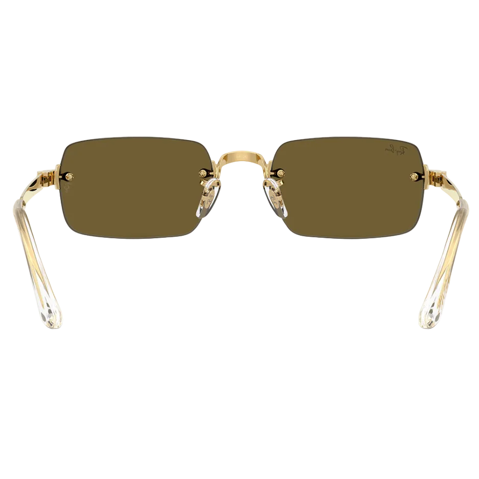 Rimless square sunglasses with olive green lenses and gold metal frames, shown from the front on a white background with a soft reflection.