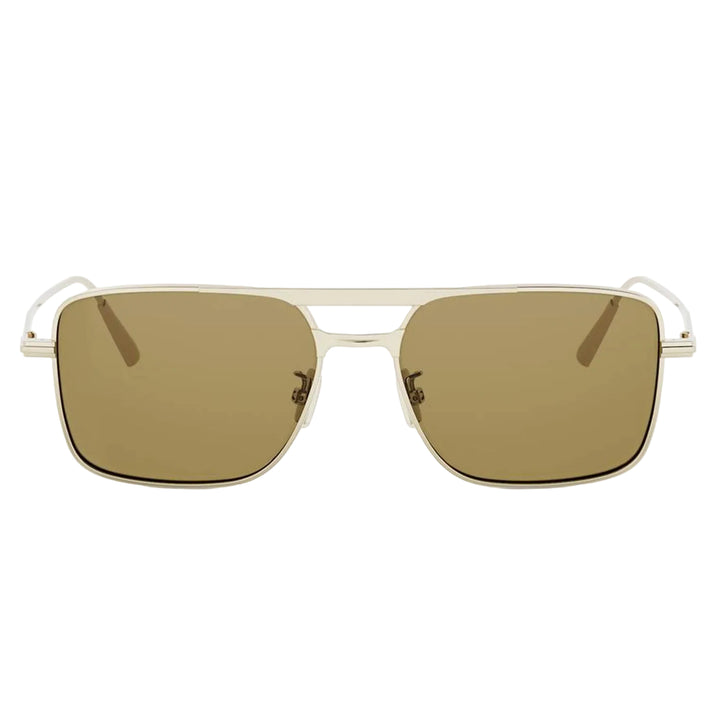 A pair of square aviator-style sunglasses with a thin gold metal frame and warm brown-tinted lenses, shown against a plain white background.