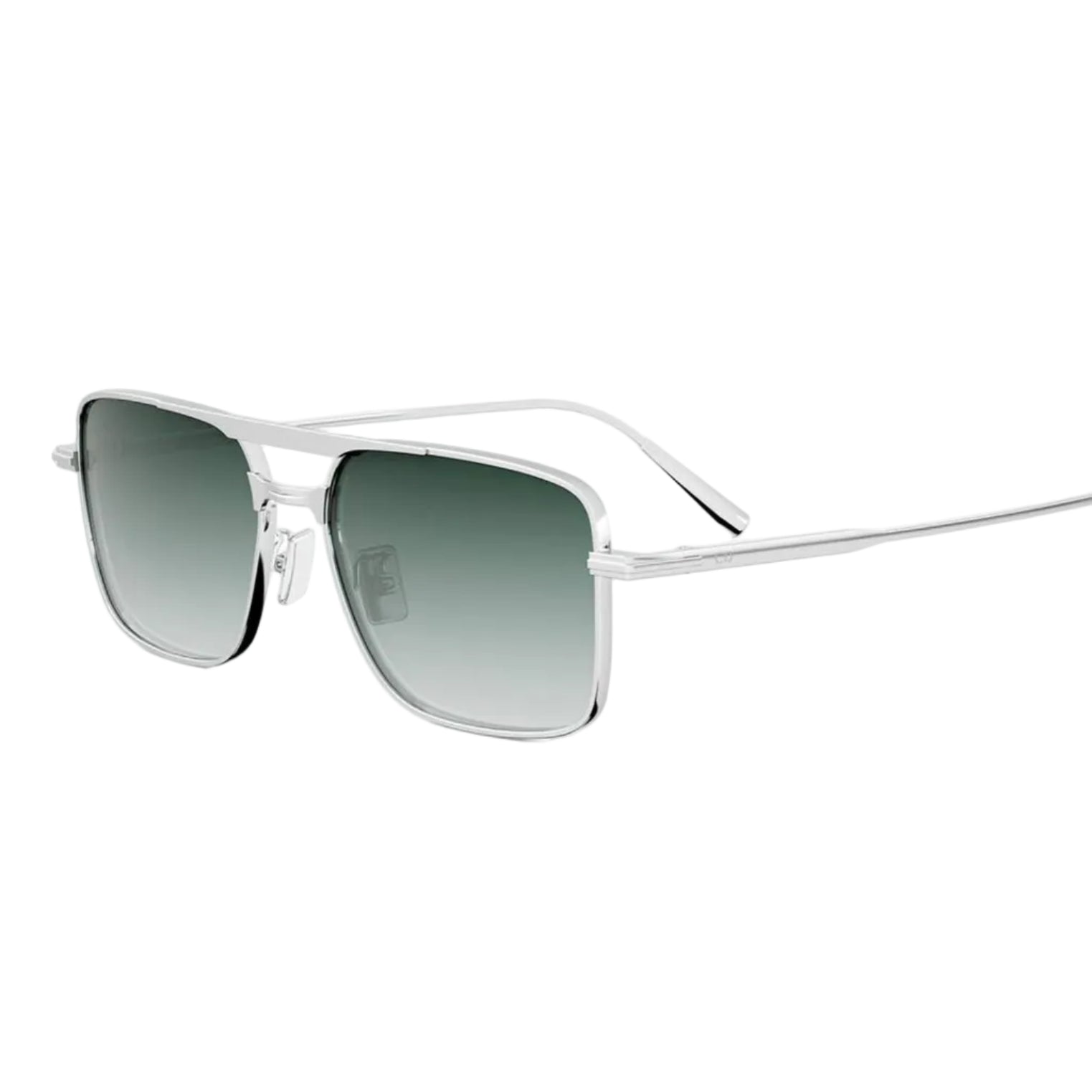 A pair of designer sunglasses with a muted teal-blue metal frame, brown gradient lenses, and tortoiseshell temples with gold metal accents, shown on a white background.