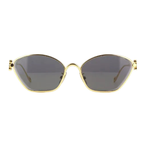 Oversized cat-eye sunglasses with a gold metal frame and dark gray lenses, shown against a plain white background.