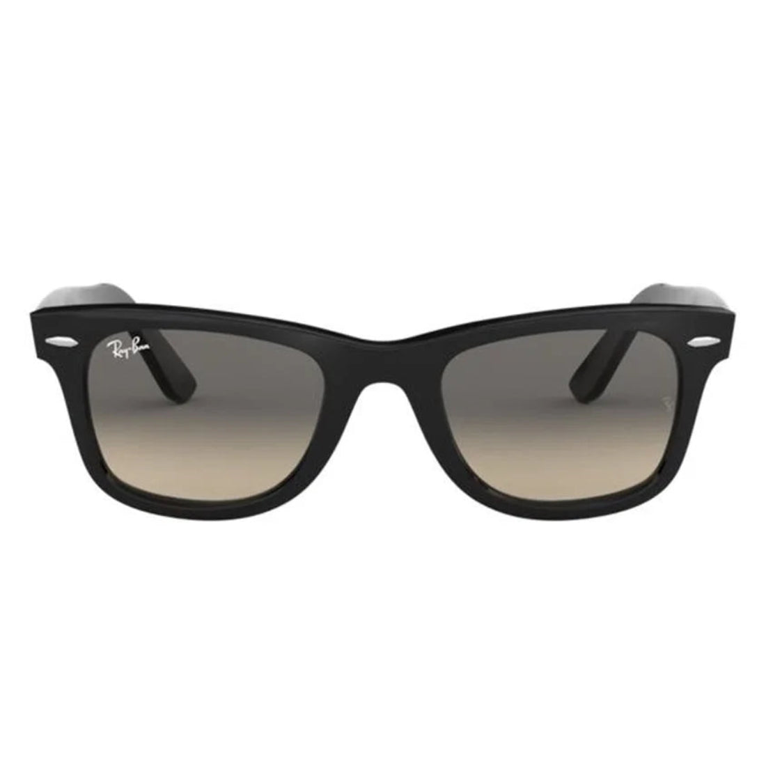 Black Wayfarer-style sunglasses with gradient gray lenses, shown from the front on a plain white background.