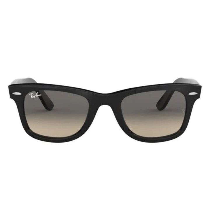 Black Wayfarer-style sunglasses with gradient gray lenses, shown from the front on a plain white background.