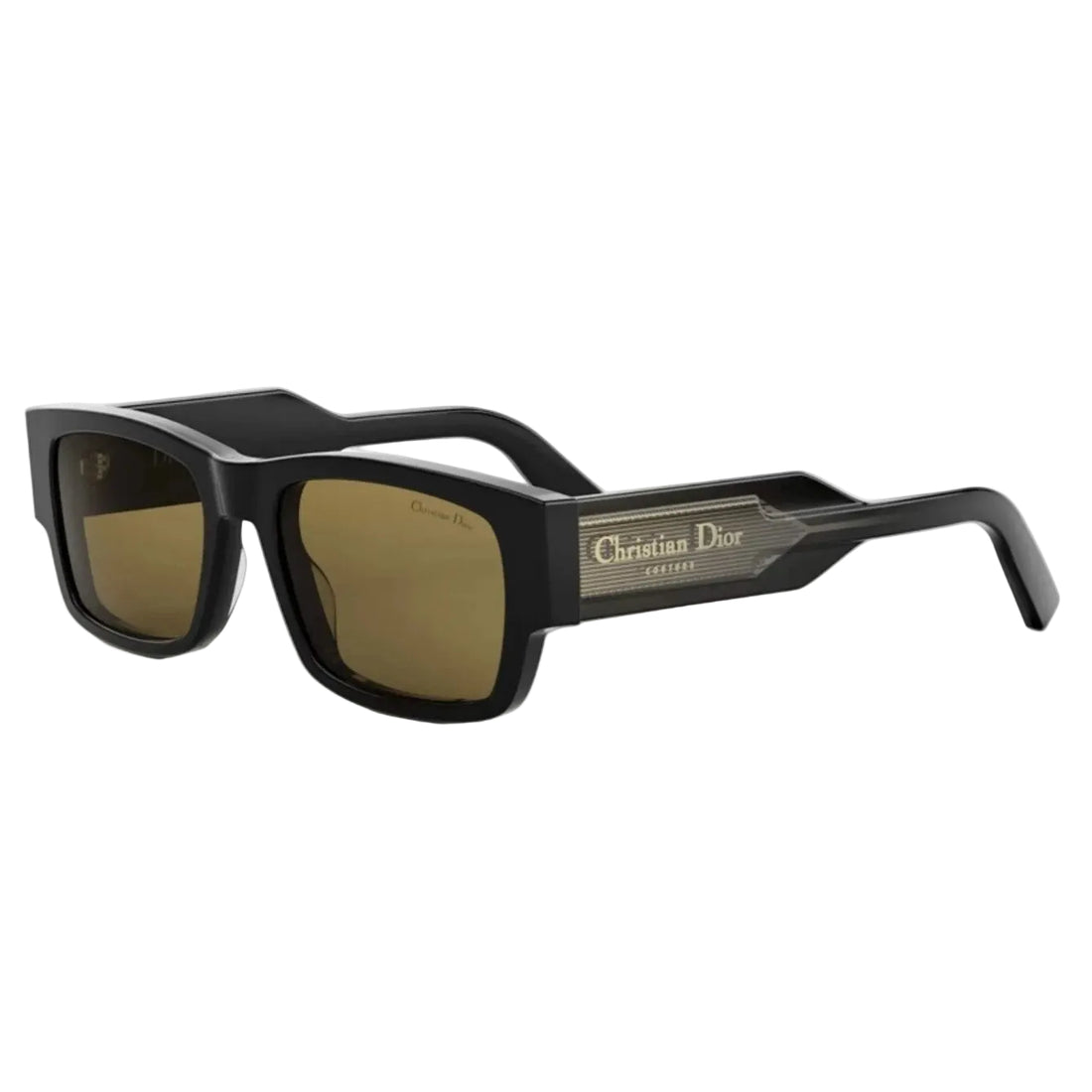 Christian Dior sunglasses with a black acetate frame, brown lenses, and a gold-tone metal accent on the temple arm.