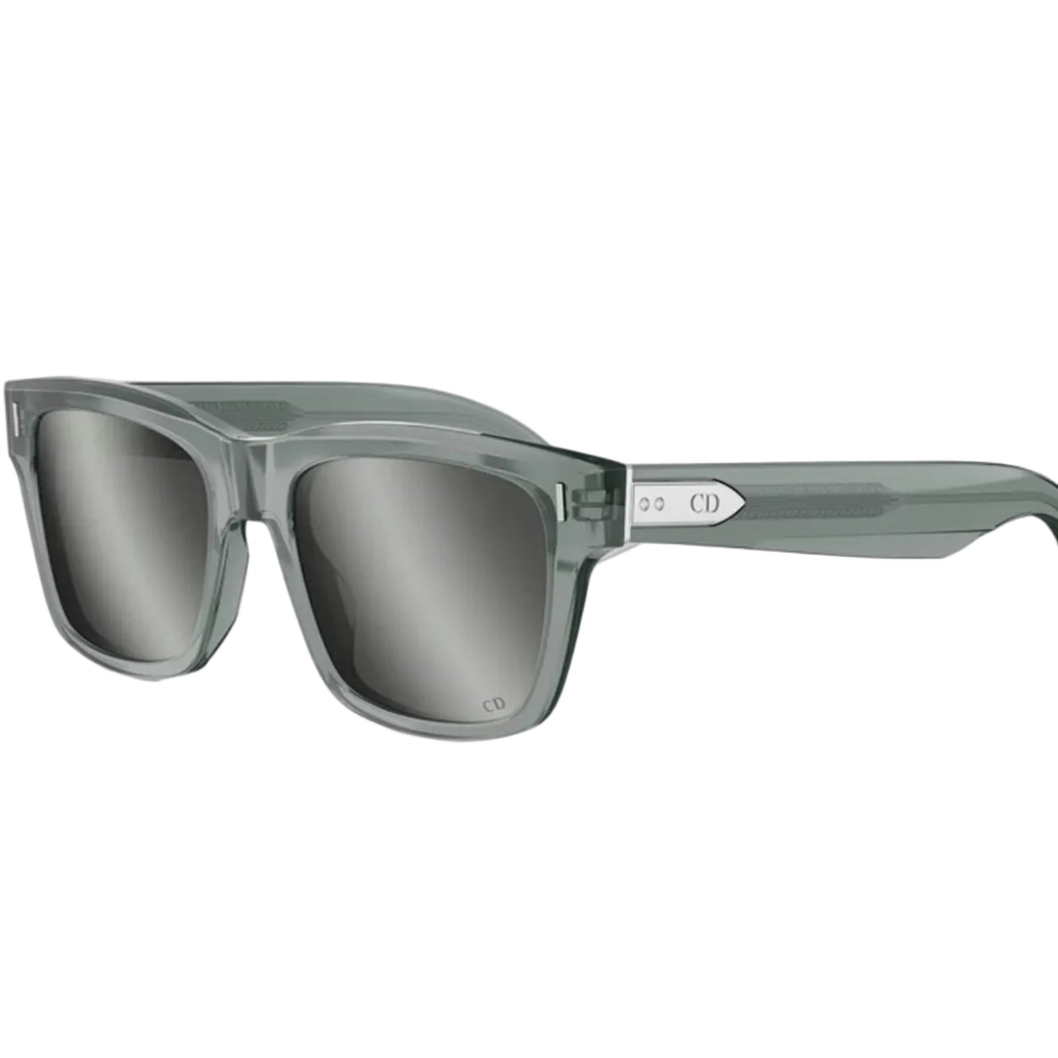 A pair of square sunglasses with translucent smoky gray frames and dark gray lenses, featuring a small silver 'CD' logo on the temple arm.