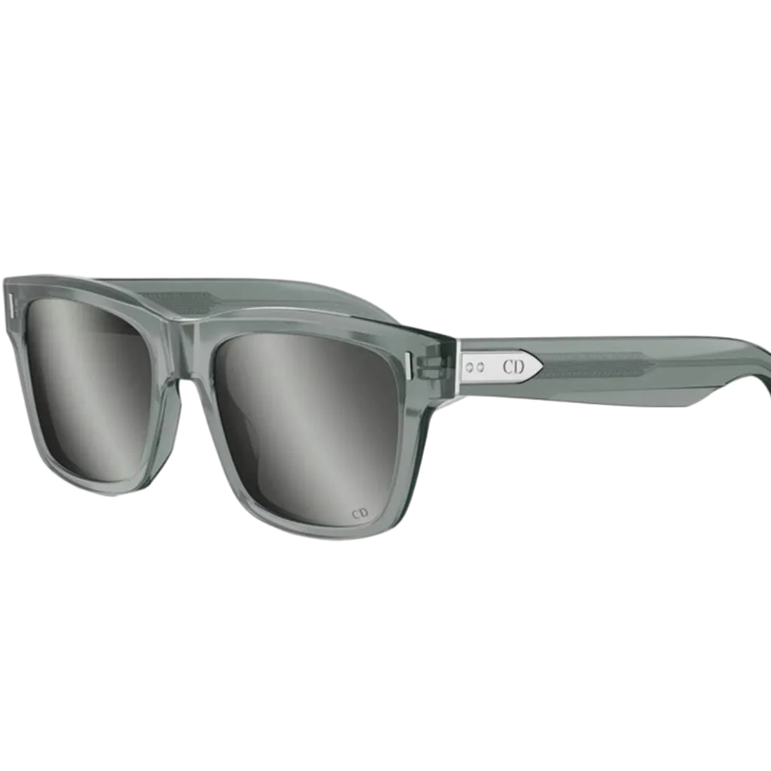 A pair of square sunglasses with translucent smoky gray frames and dark gray lenses, featuring a small silver 'CD' logo on the temple arm.