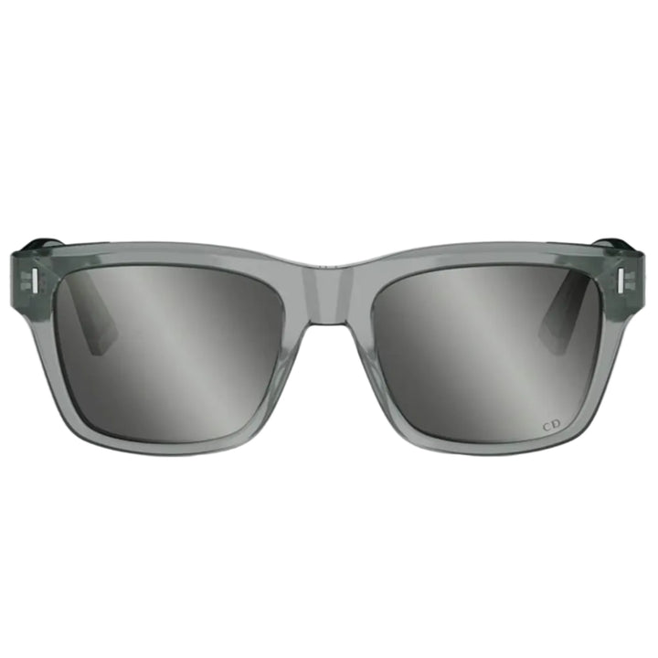 Gray translucent acetate sunglasses with dark gray mirrored lenses, shown from the front on a white background.